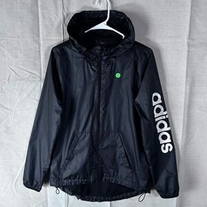 Adidas Womens Full Zip Hooded Windbreaker Jacket Black Large Logo Sleeve S